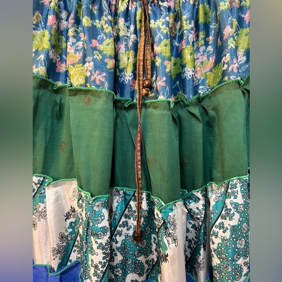 Colorful Patchwork Gypsy Full Maxi Skirt S Tiered Silk Peasant Boho Hippie Folk - Picture 3 of 8